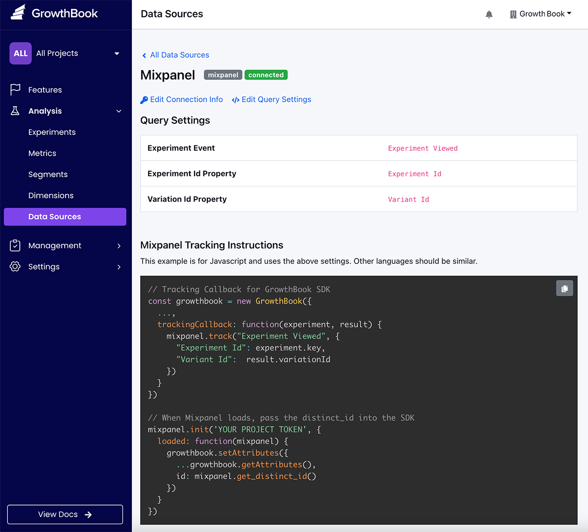 Successful connection to Mixpanel